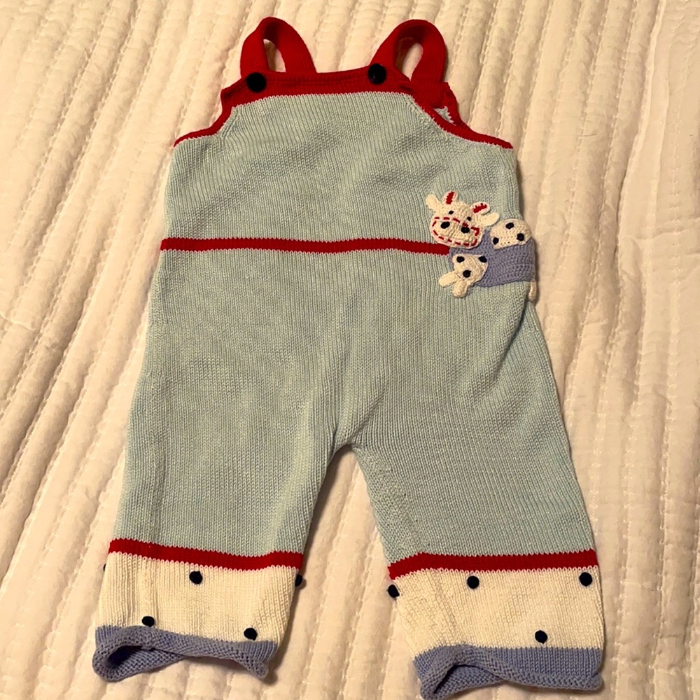 Knit crochet overalls with cow